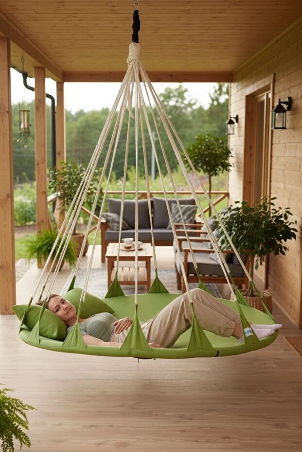 Ruby Yastıklı Ev Tipi Ve Dış Mekan Hamak (160 Cm Çap) - Bahçe, Balkon Hamak Salıncak (yeşil)